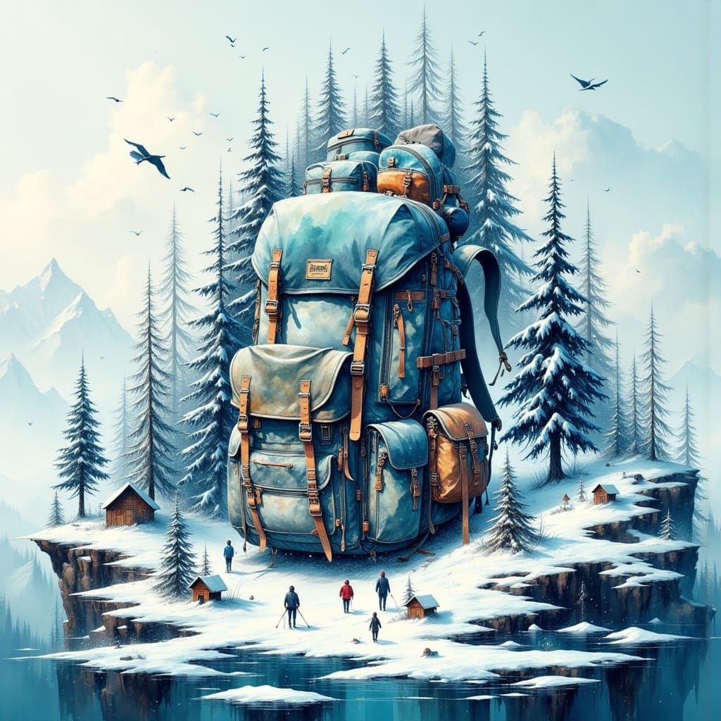 Snowy Mountain Landscape Spilling From Backpack