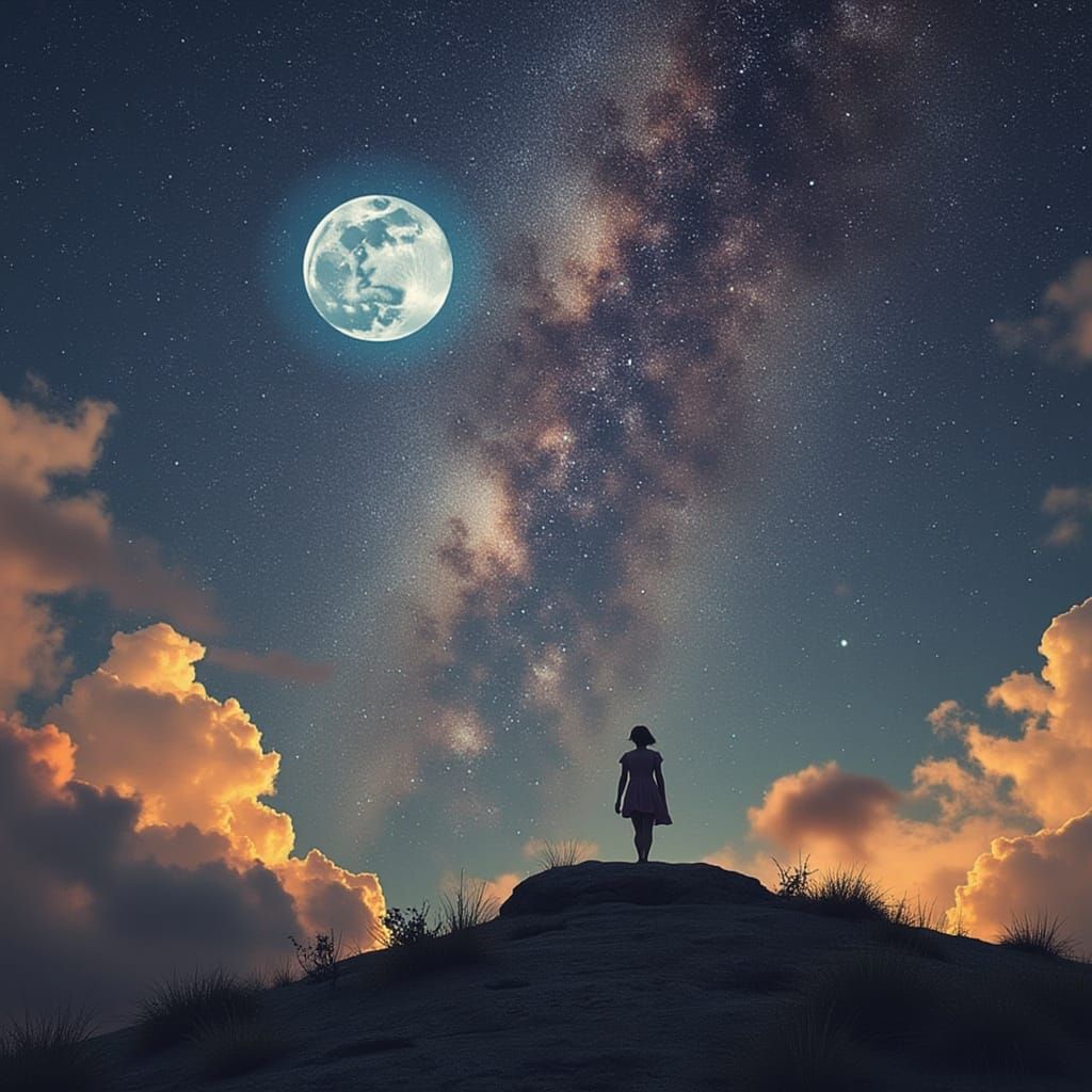 Victorious Woman Under Lunar Steppe Sky