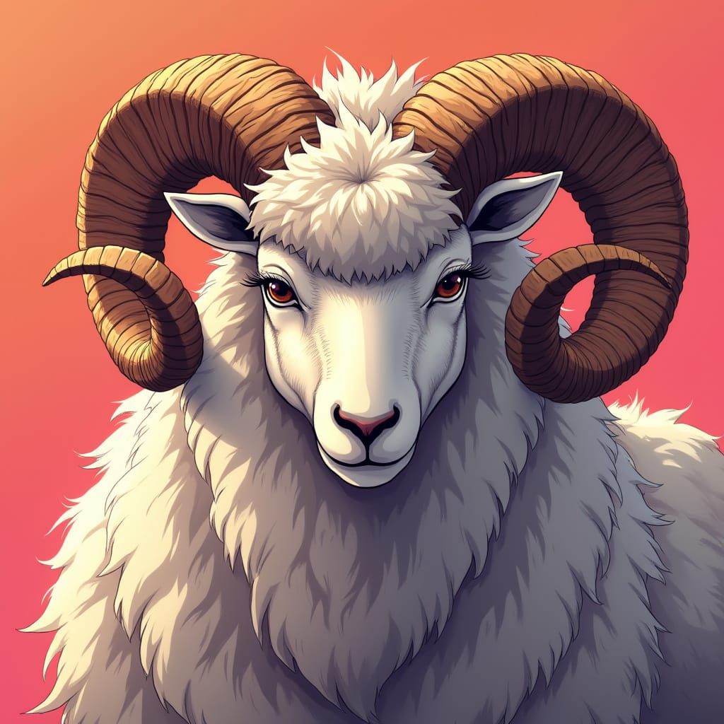 Majestic Ram with Chunky Yarn Horns in Vibrant Manga Style