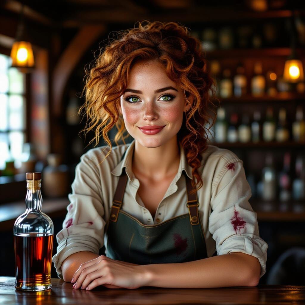 Wiry Bartendress with Auburn Hair in Fantasy Portrait