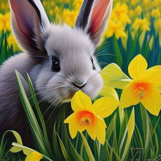 Smokey the bunny, enjoying the flowers of Spring