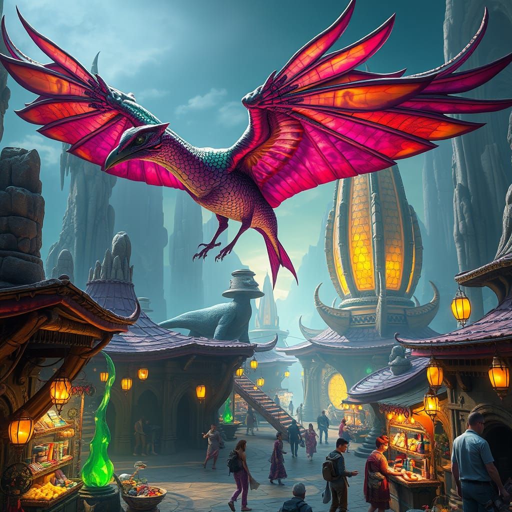 Iridescent Pterodactyl Over Alien Marketplace