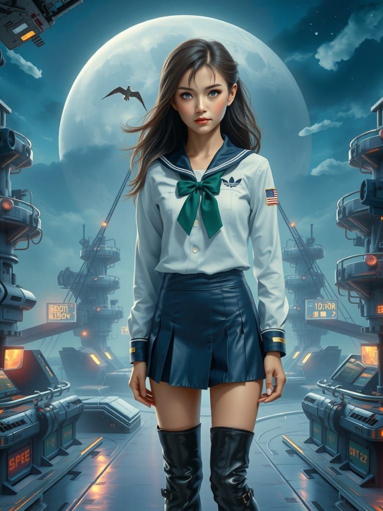 Cyberpunk Sailor in Futuristic Moonlit Setting