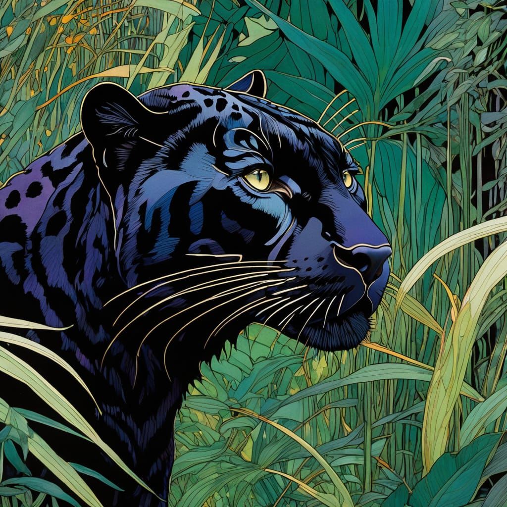 Ethereal Black Panther in a Vibrant Night Jungle