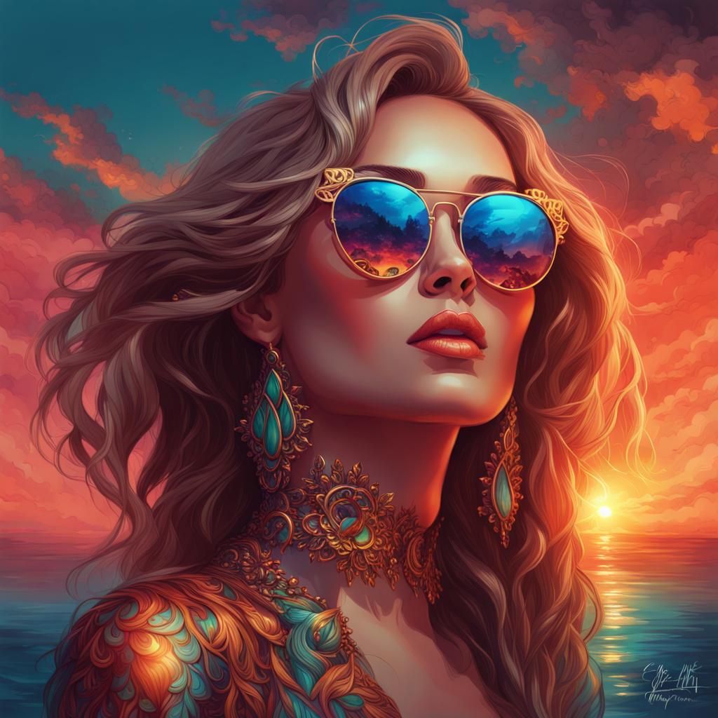 Surreal Woman in Mirrored Sunglasses, Digital Painting
