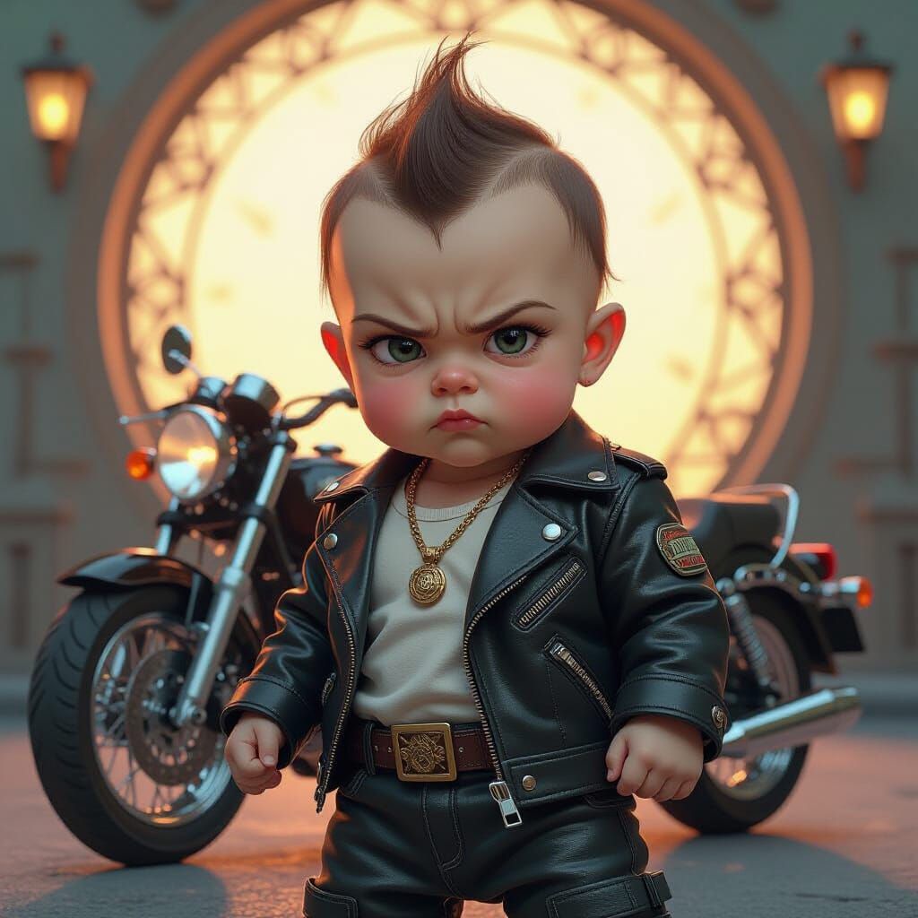 Gangster Baby Posed Beside Vintage Motorcycle