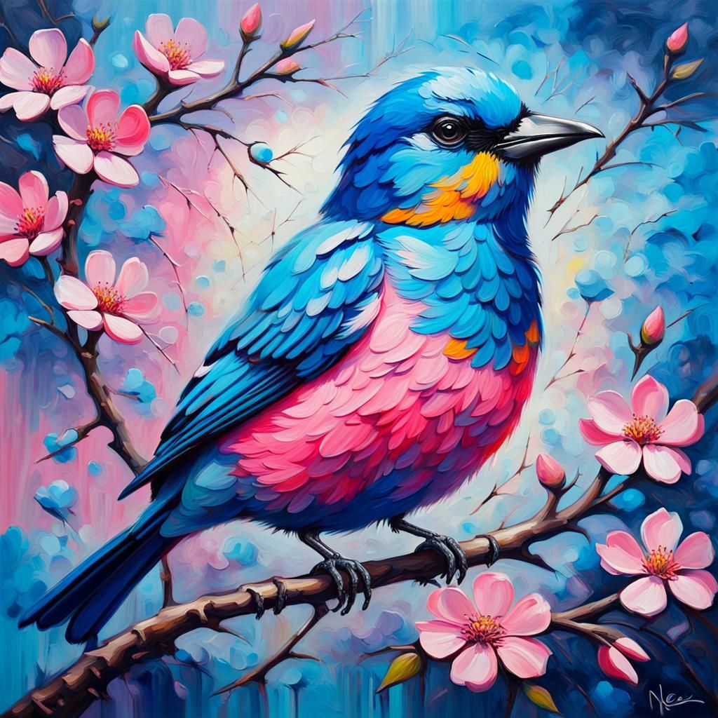 Blossom Bird Portrait in Neo-Impressionist Style