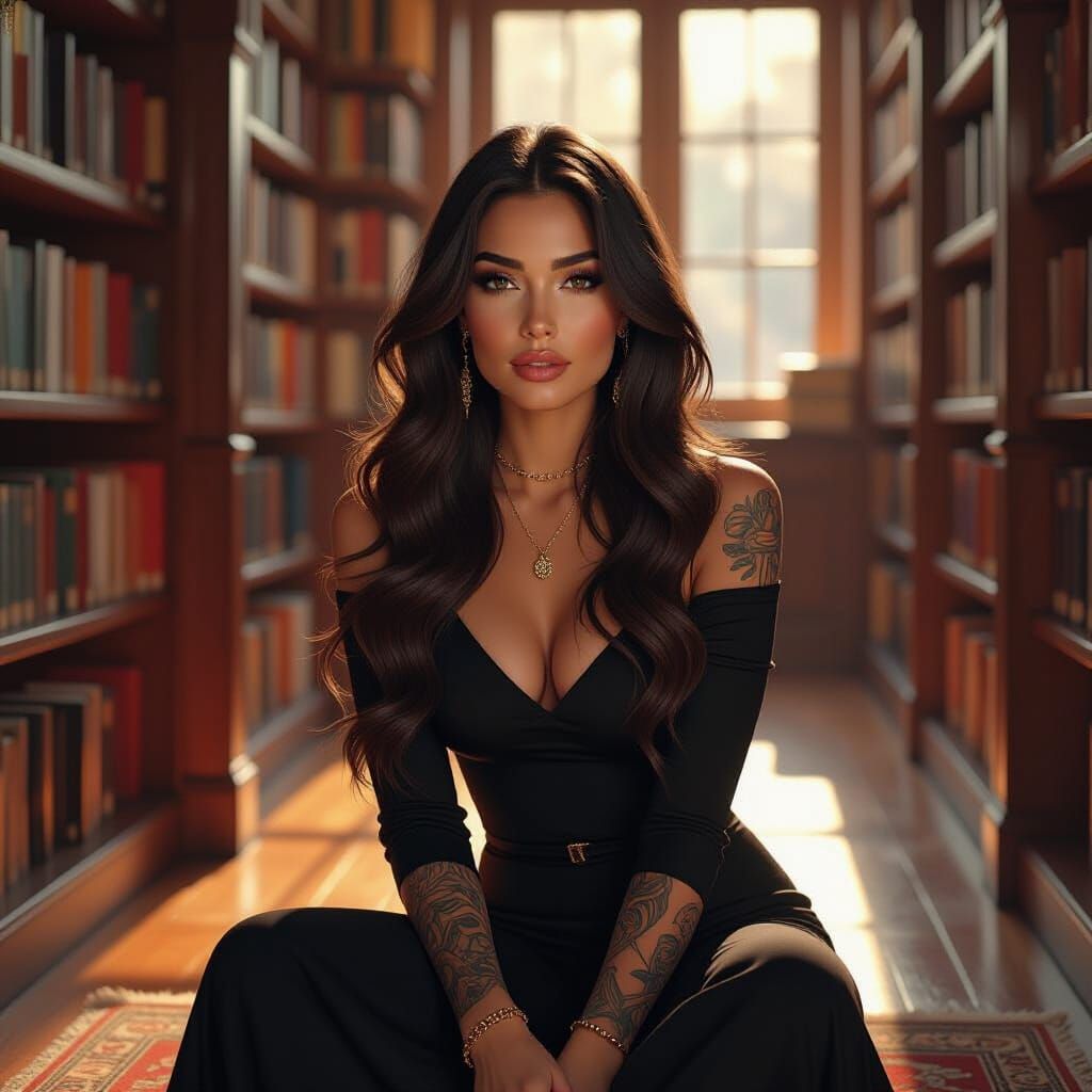 Brunette Woman in Bookstore, Photorealistic Rendering