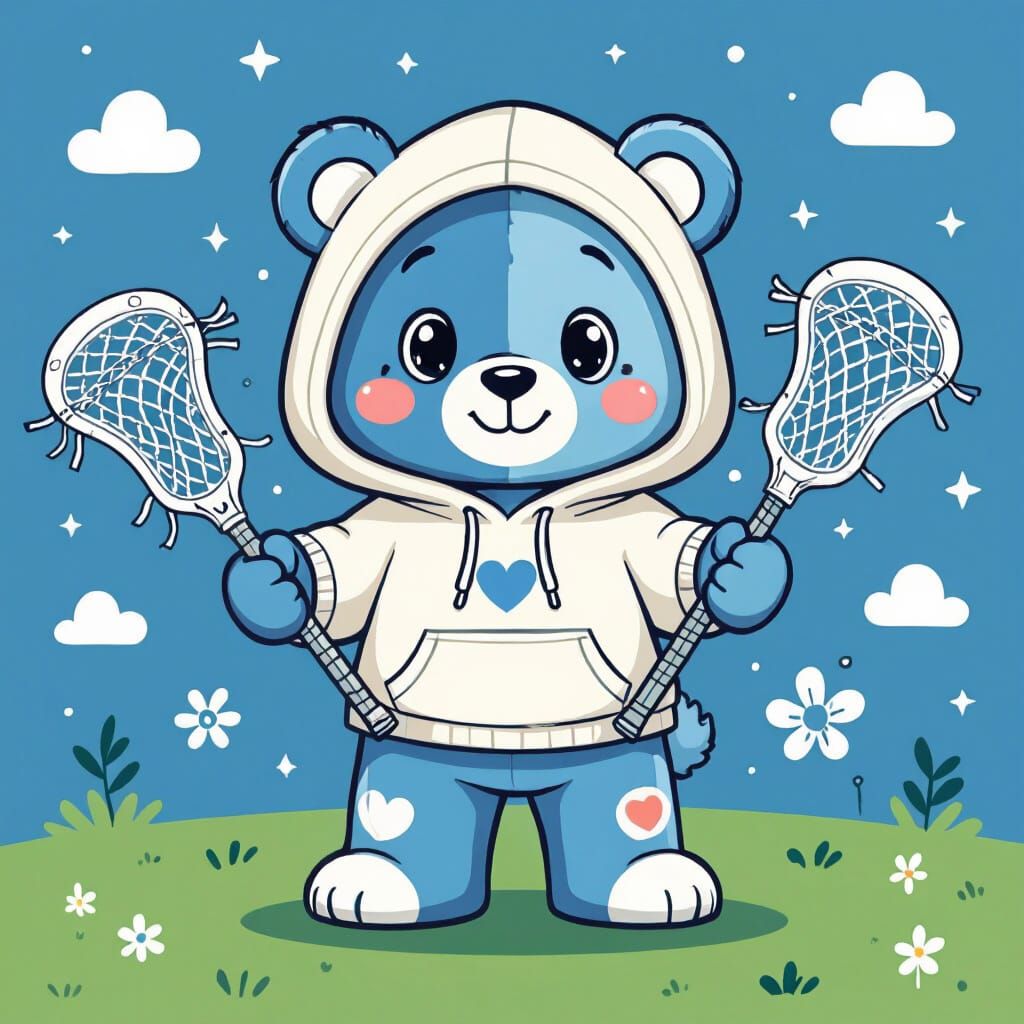 Care Bear with Lacrosse Sticks in Playful Illustration