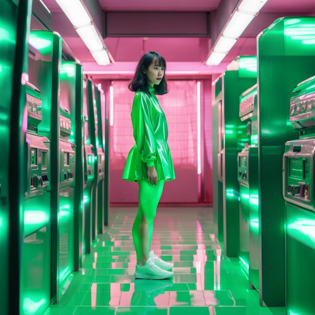 Vaporwave Teen in Green Leotard at Automat