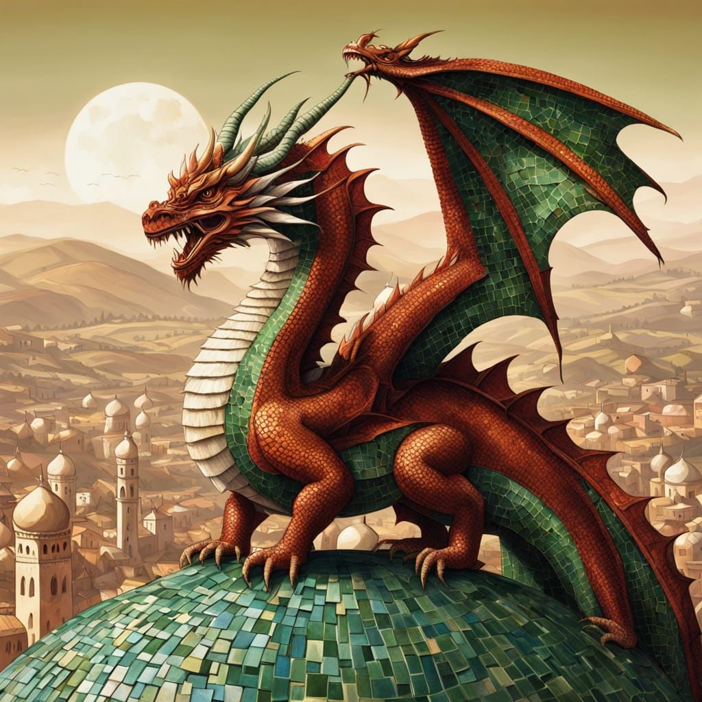 Byzantine-Style Mosaic of Red Dragon Amidst Green Hills
