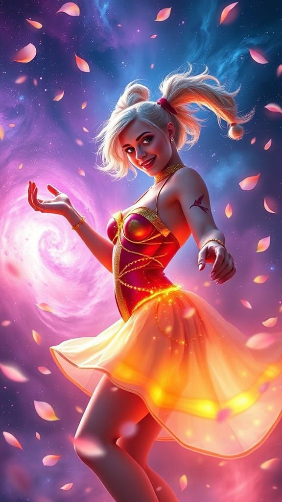 Golden Goddess Dancing Amidst Cosmic Bloom