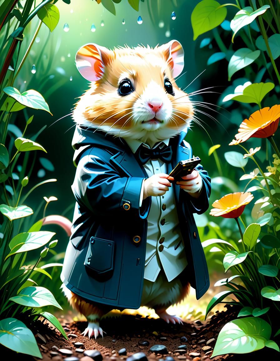 Adorable Hamster Detective in Garden, Digital Art