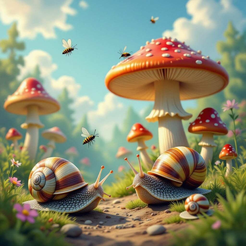 Whimsical Garden with Giant Mushrooms and Creatures