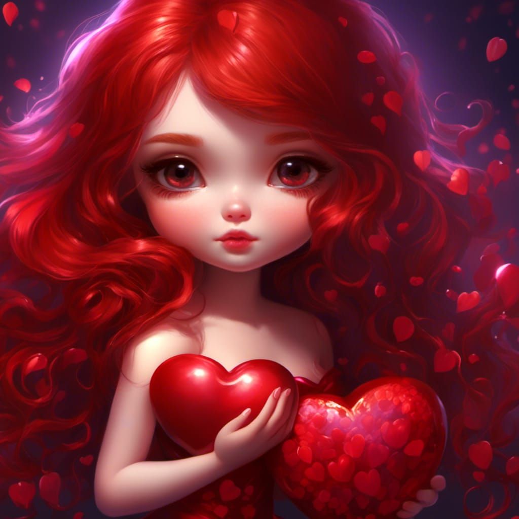 Chibi Redhead with Glowing Heart in Digital Art