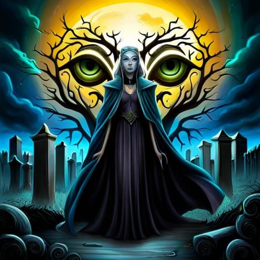 Tribal Mask in Gothic Cemetery, Oil Painting Style