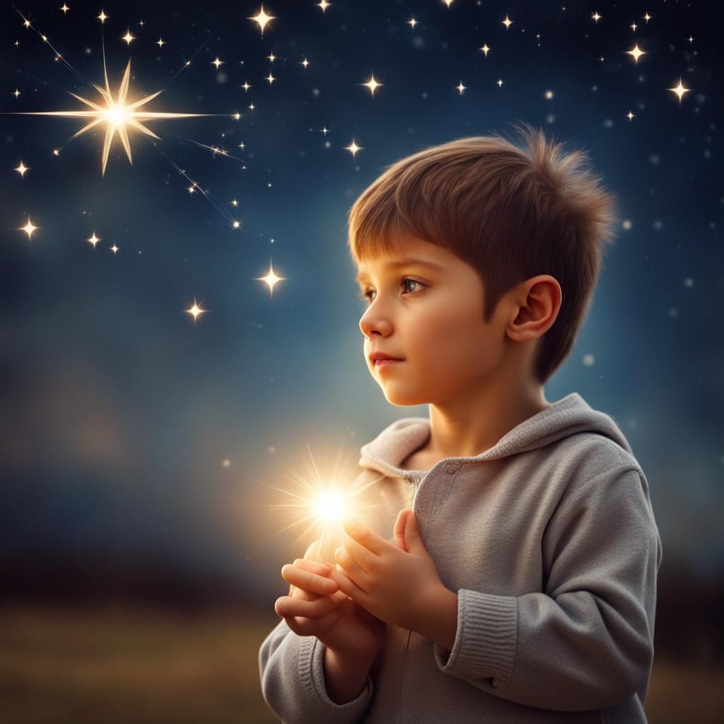 Child Holding a Star in Starry Sky