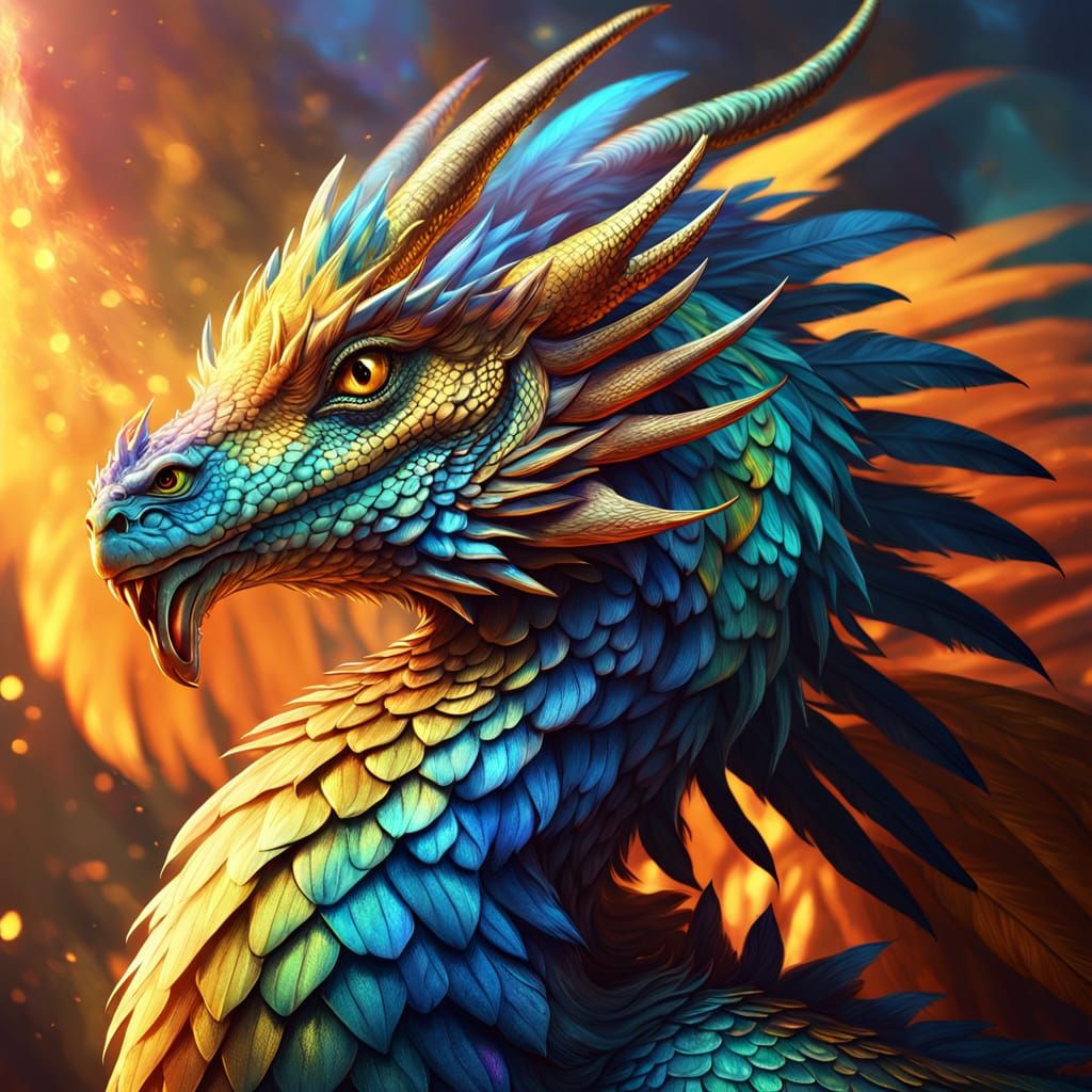 Colorful Feathered Dragon in Vibrant Fantasy Art