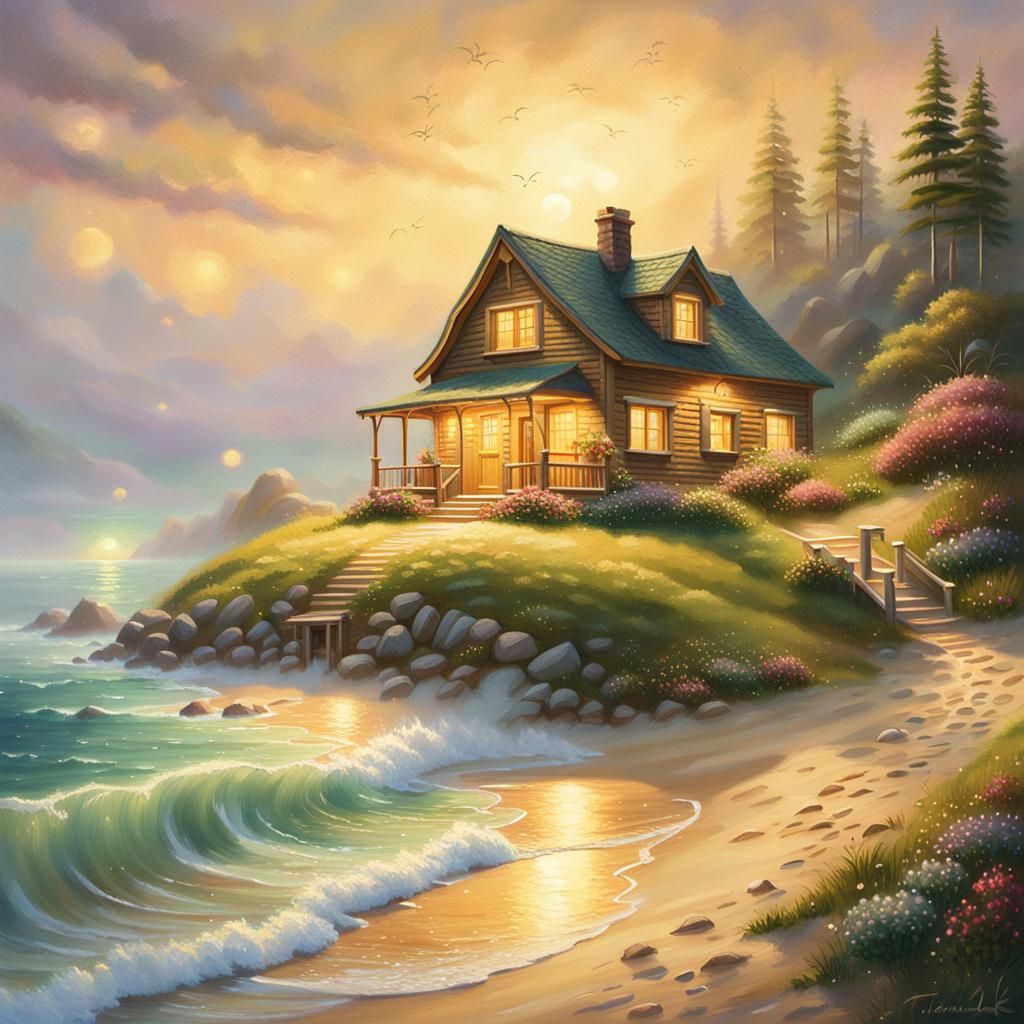 Idyllic Cottage Overlooking Beach in Oil Painting Style