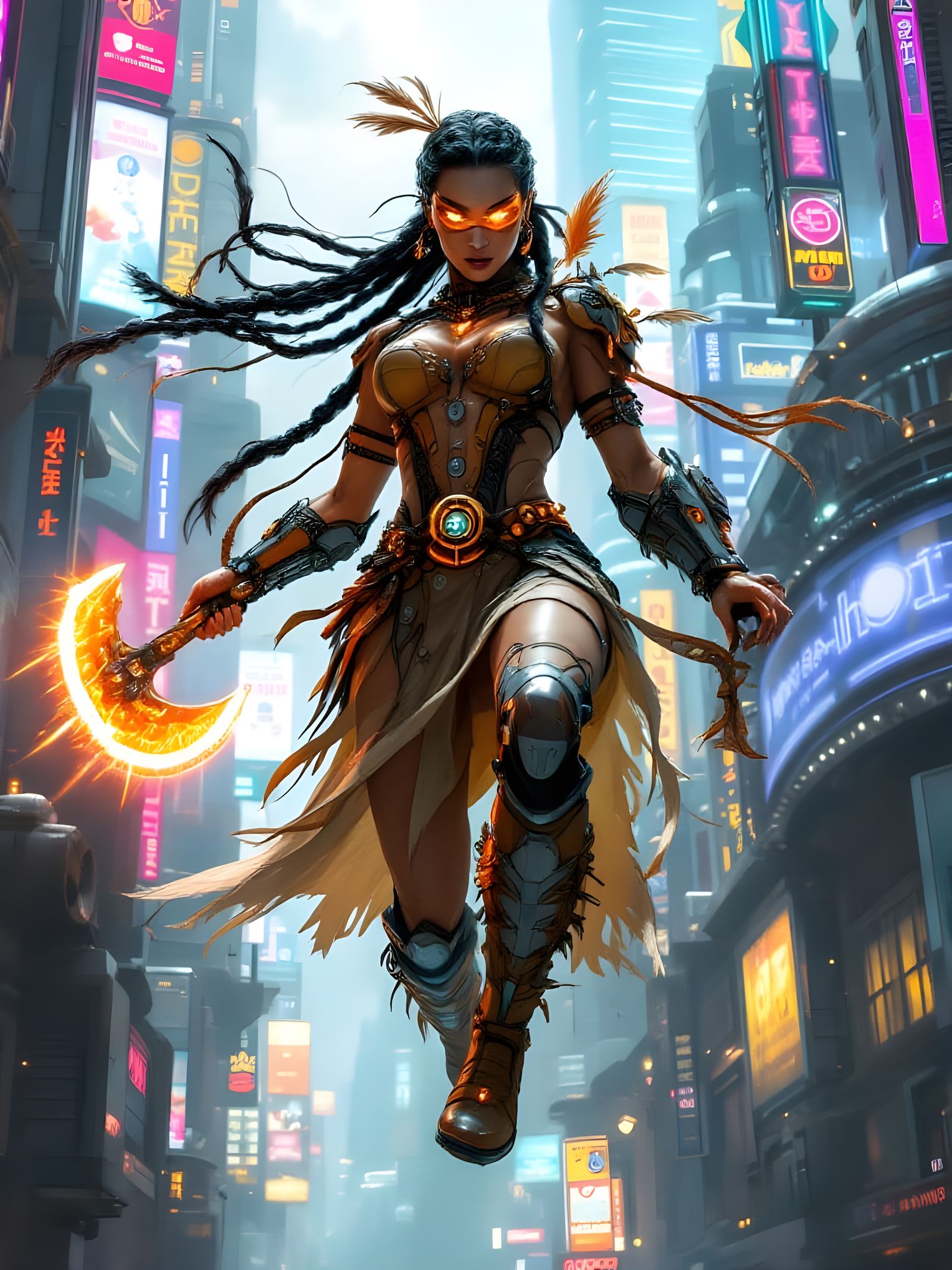 Cyberpunk Iroquois Warrior Leaps Through Futuristic Cityscap...