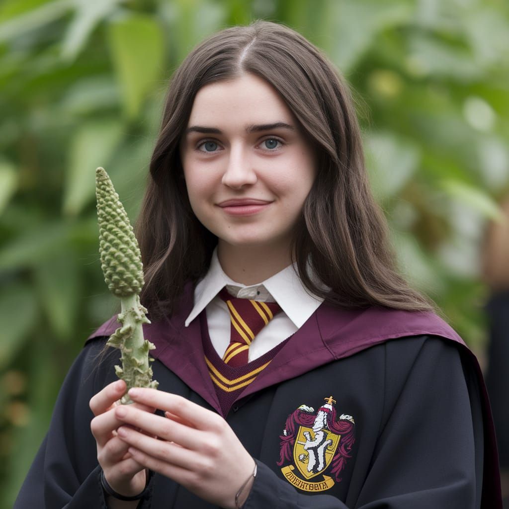 Gryffindor Student Tends Mandrake in Enchanted Greenhouse