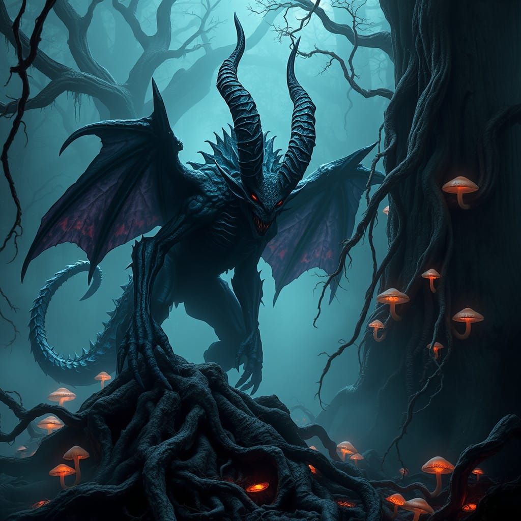 Ancient Forest Demon in Dark, Mottled Blues and Purples