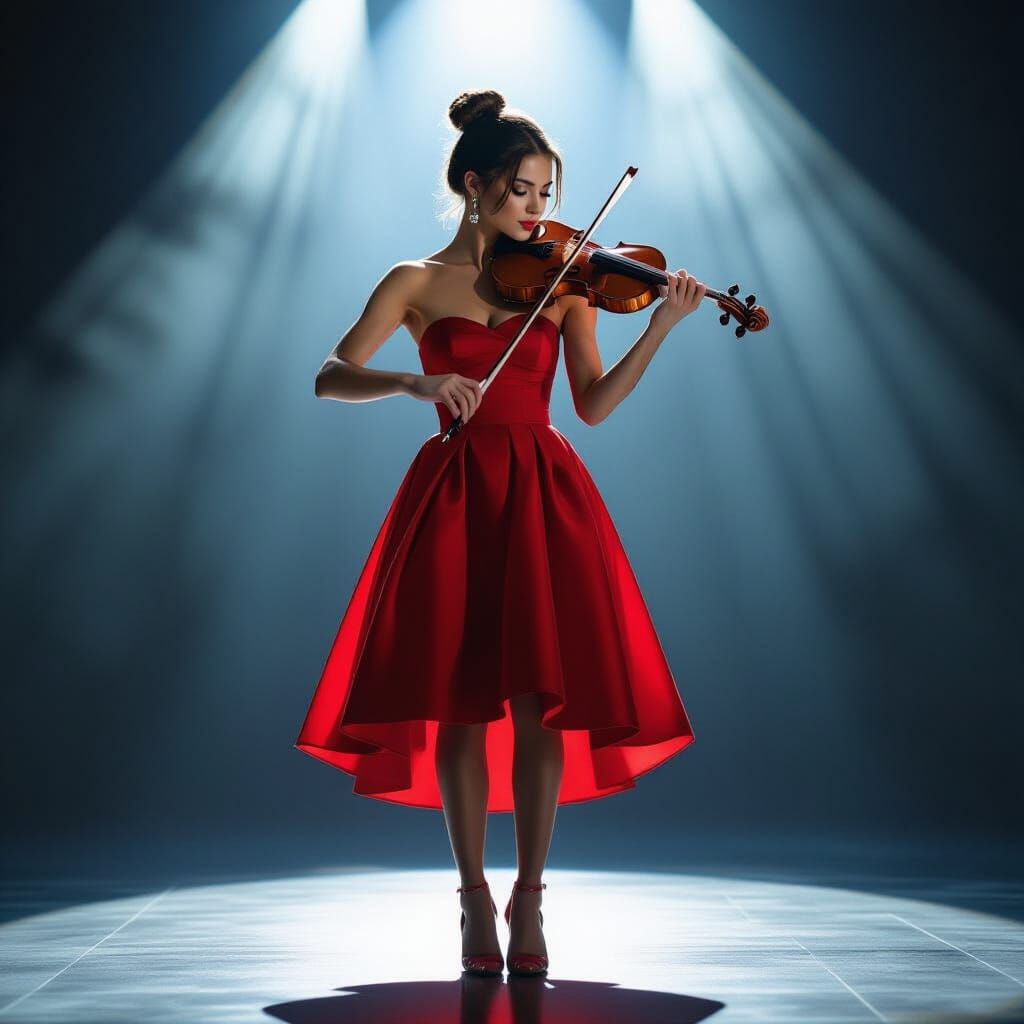 Woman in Red Dress Plays Violin on Stage