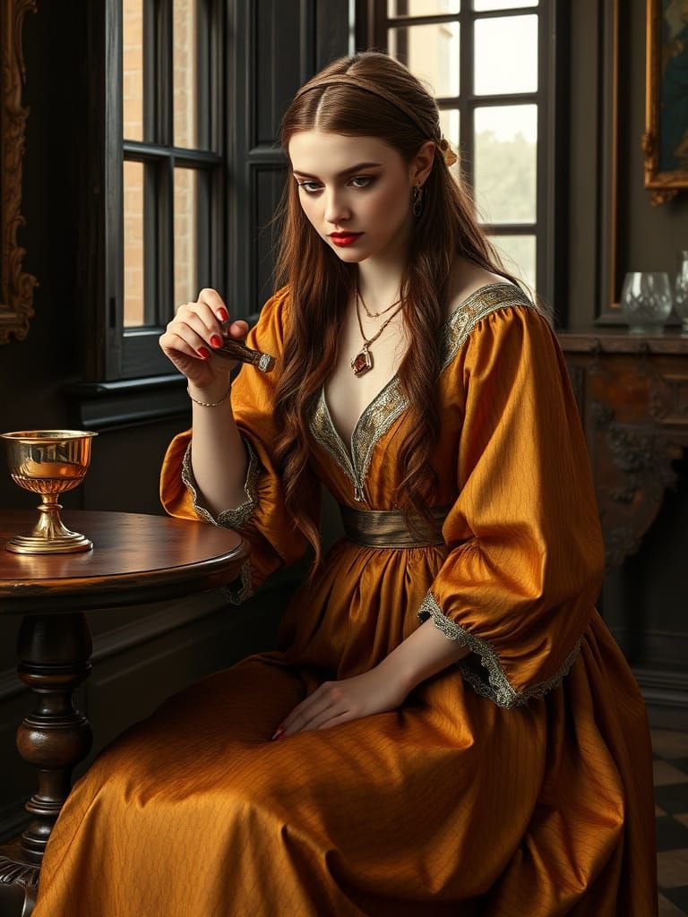 Renaissance Italian Woman Preparing a Potent Elixir in a Gol...