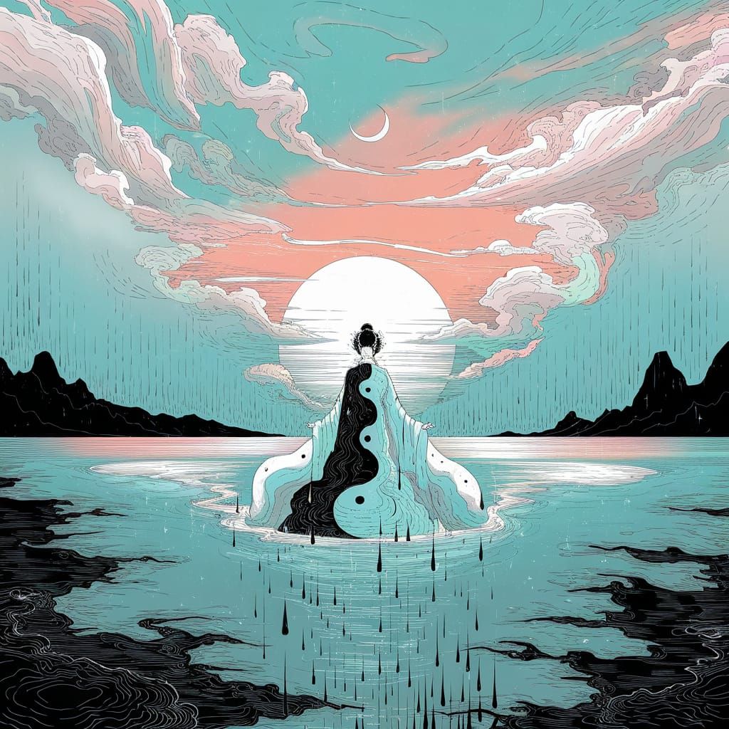 Ethereal Shoreline: Surreal Ink Fantasy Artwork