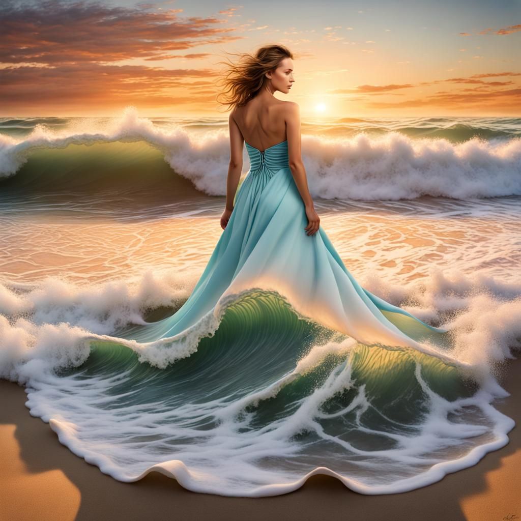 Sunset Beach Panorama with Woman in Swirling Dress