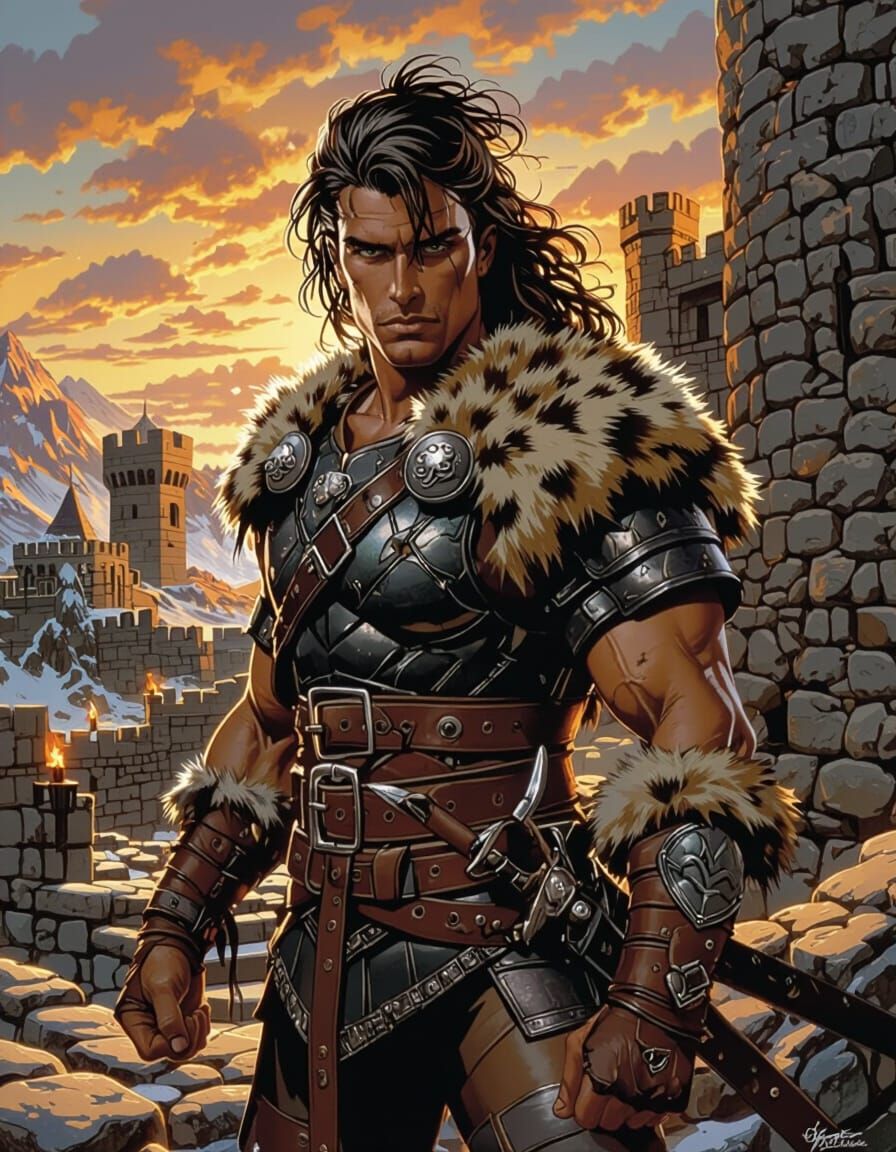 Barbarian King in Mountain Castle, Frazetta-style Art