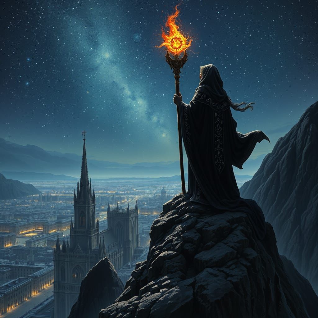 Sorcerer on Black Mountain Peak in Dark Fantasy Style
