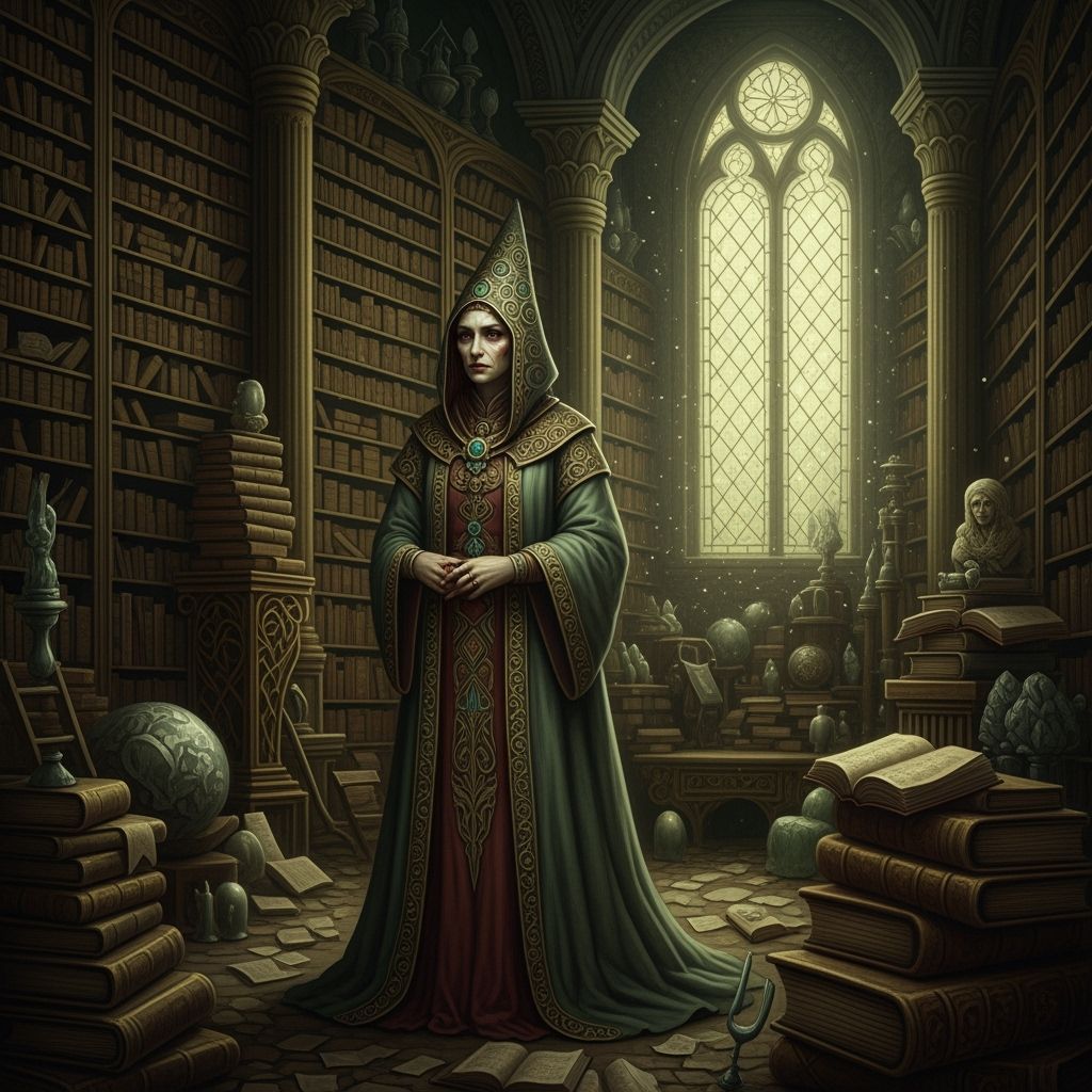 Melancholic Sorceress in Decaying Library, Gothic Baroque St...