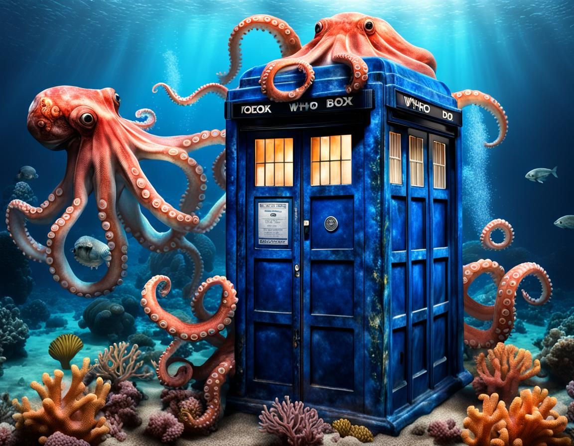 Octopus Guarding Phone Box Undersea Digital Painting