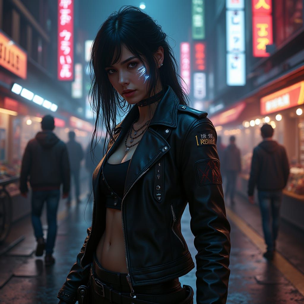 Cyberpunk Woman in Dystopian Future Marketplace