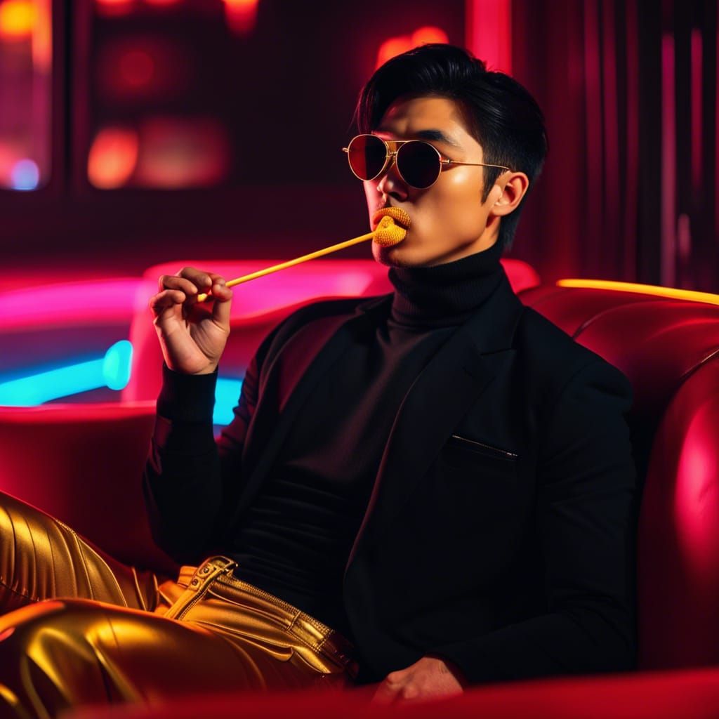 Attractive Man with Lollipop in Synthwave Style