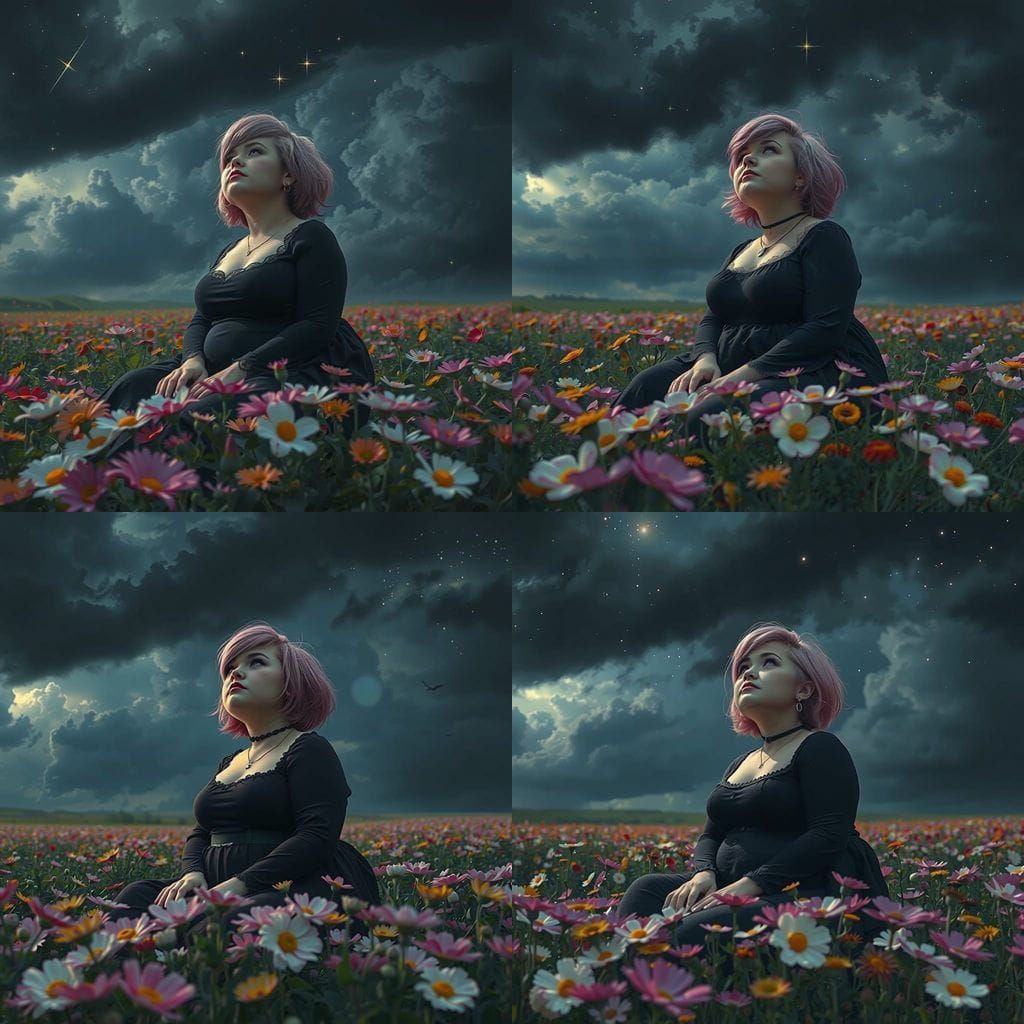 Vibrant Field of Flowers: Chubby Woman in Gouache Impression...