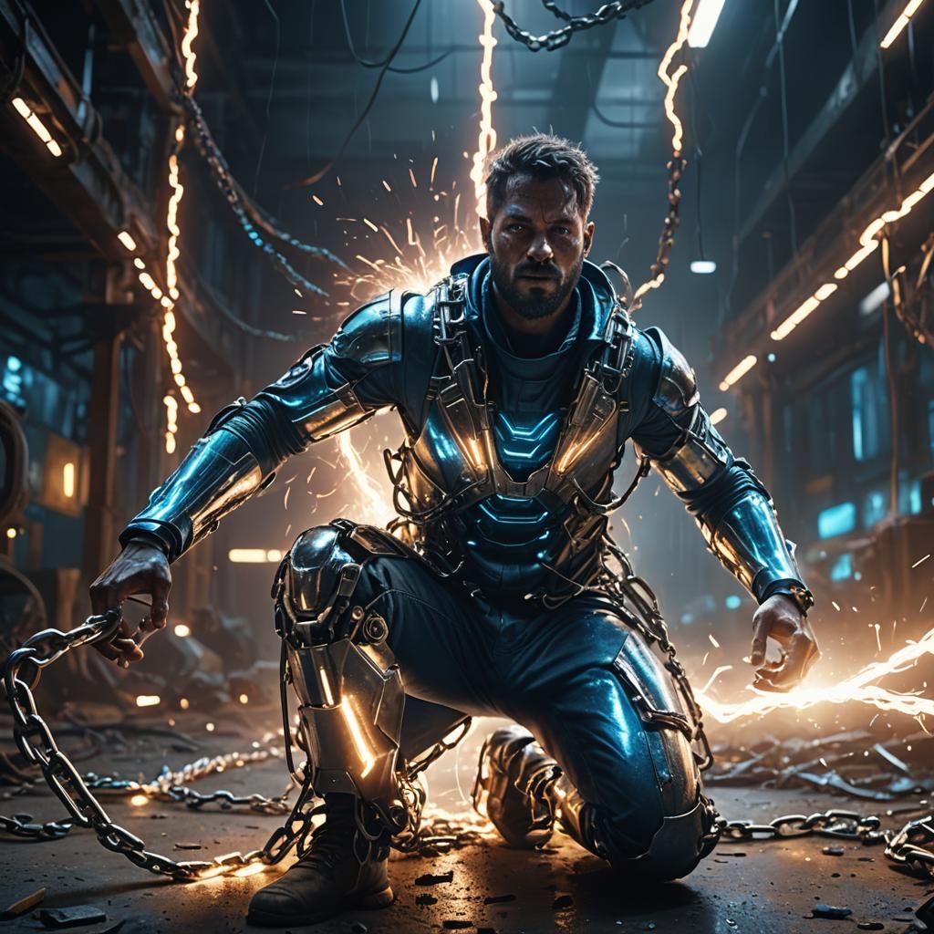 Futuristic Enslaved Man Breaks Chains in Sci-Fi Art