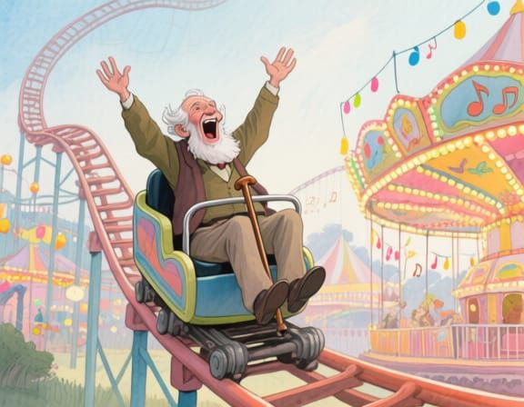 Elderly Man's Joyful Roller Coaster Ride