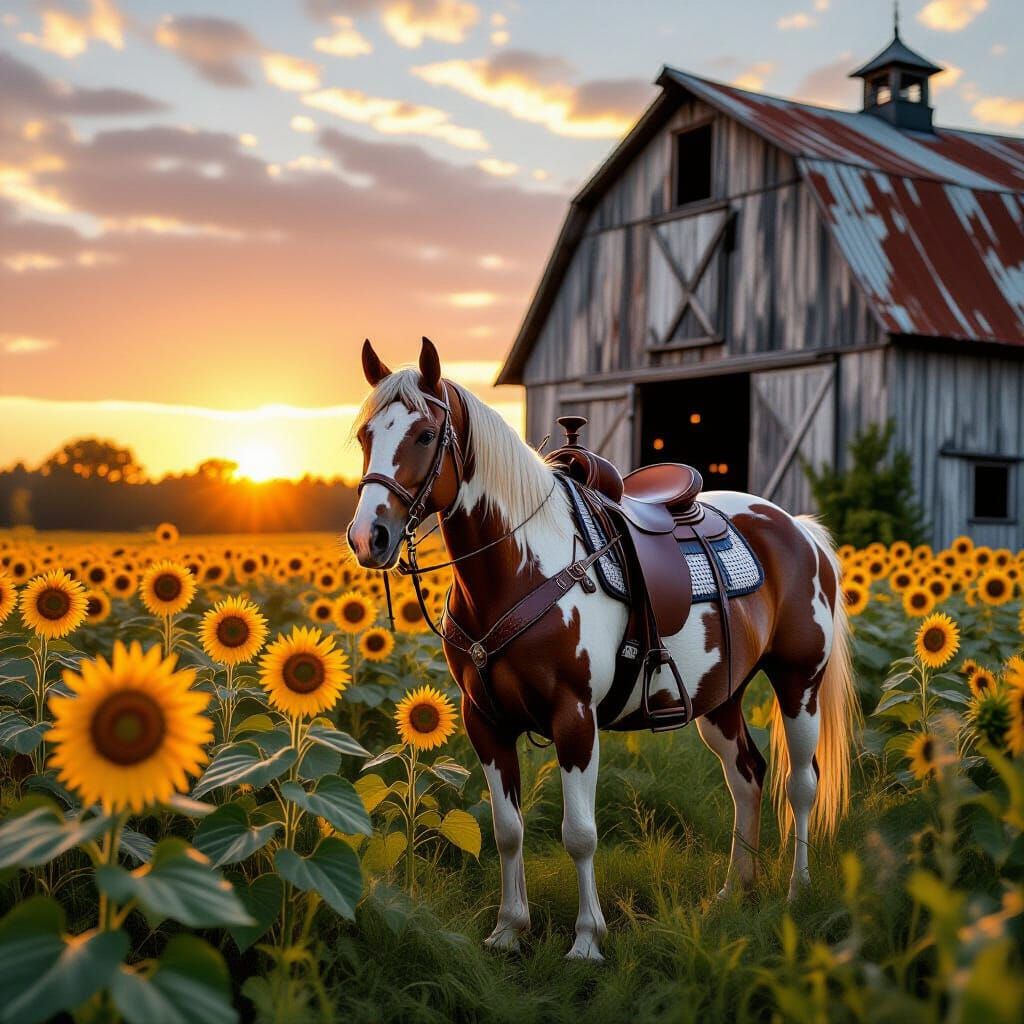 Pinto Horse in Sunflower Field at Dawn