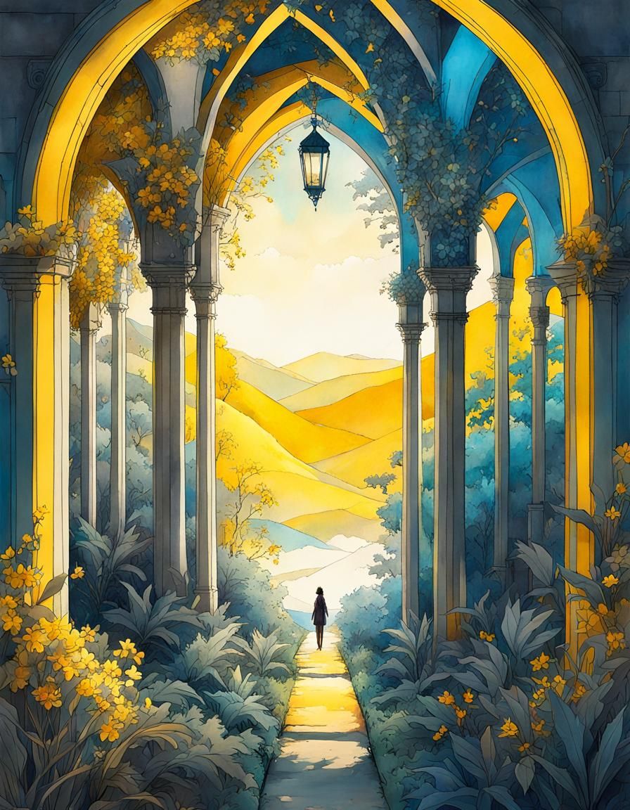 Sunlit Arches in Watercolor Landscape