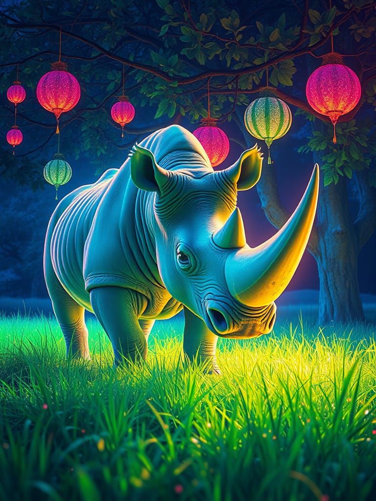 Neon Rhino in Bioluminescent Field as Alcohol Ink Art