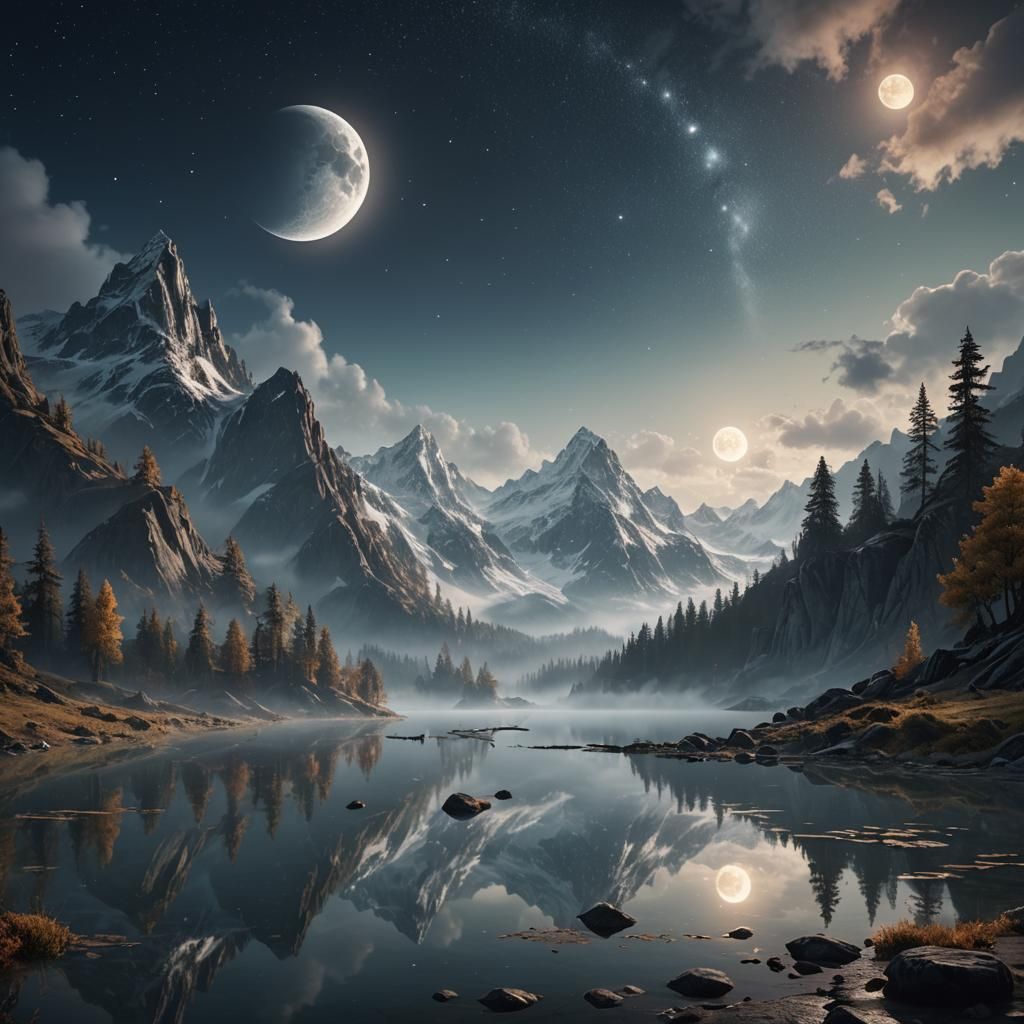 Crescent Moon Reflected in Mountain Lake