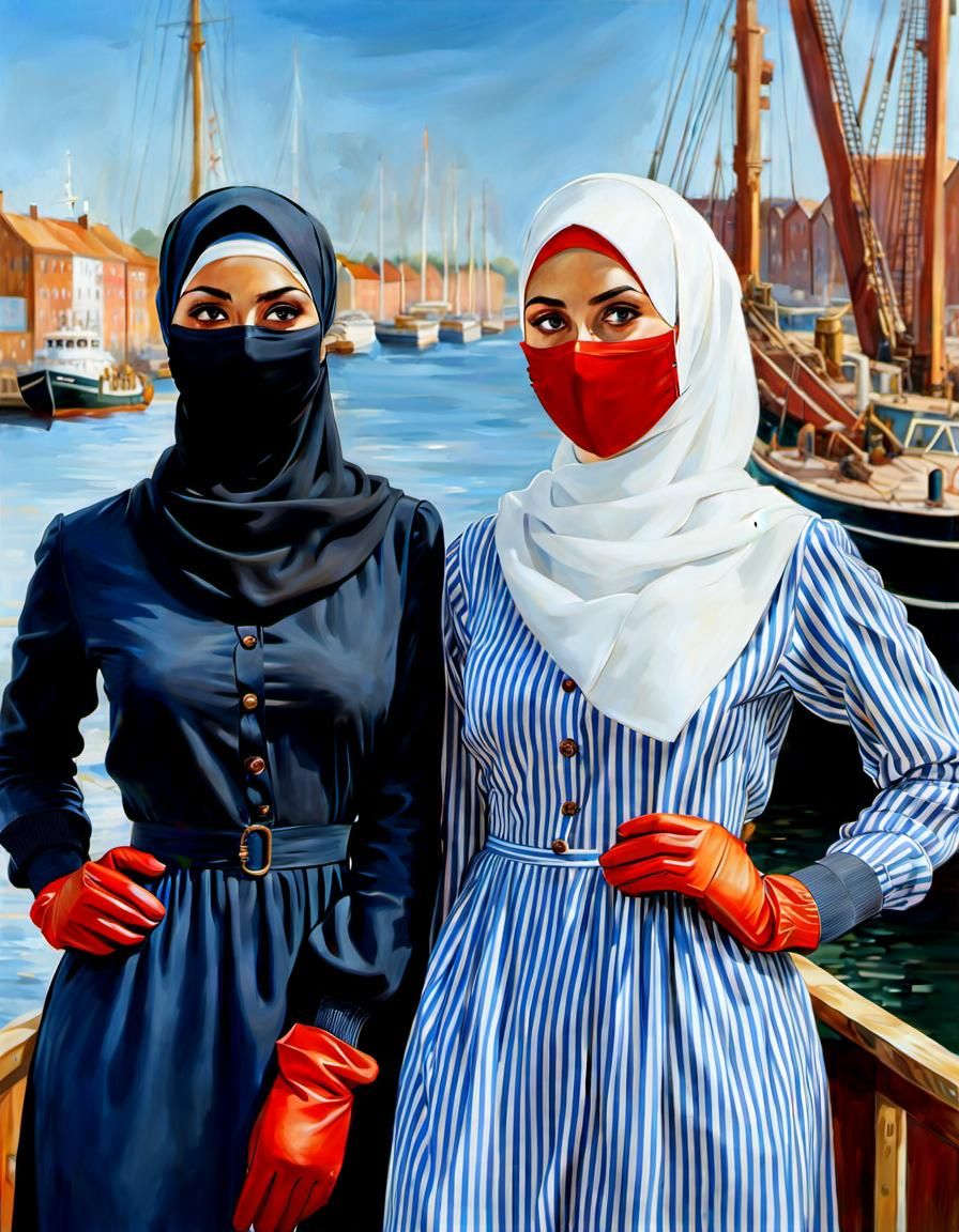 Danish Hijabi Women in Shipyard, Oil Painting