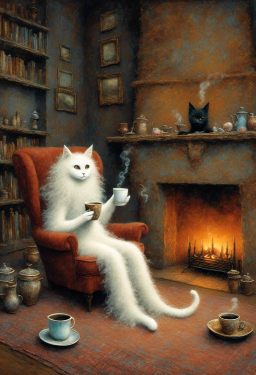 Ghost Enjoying Coffee with Cat by Fireplace