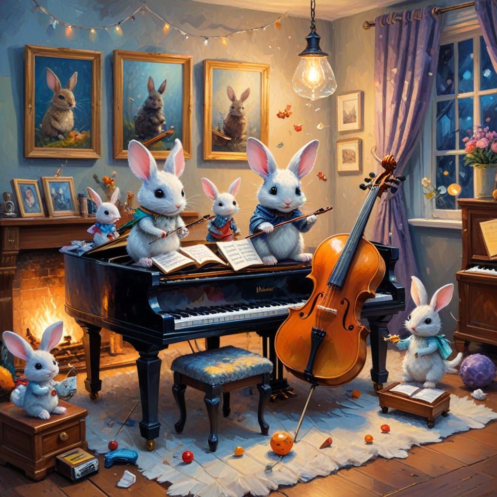 Playful Bunny Conductor Leads Whimsical Orchestra in Cozy Li...
