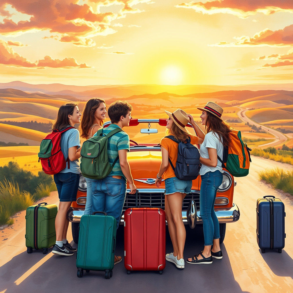 Friends on a Road Trip: Nostalgic Illustration