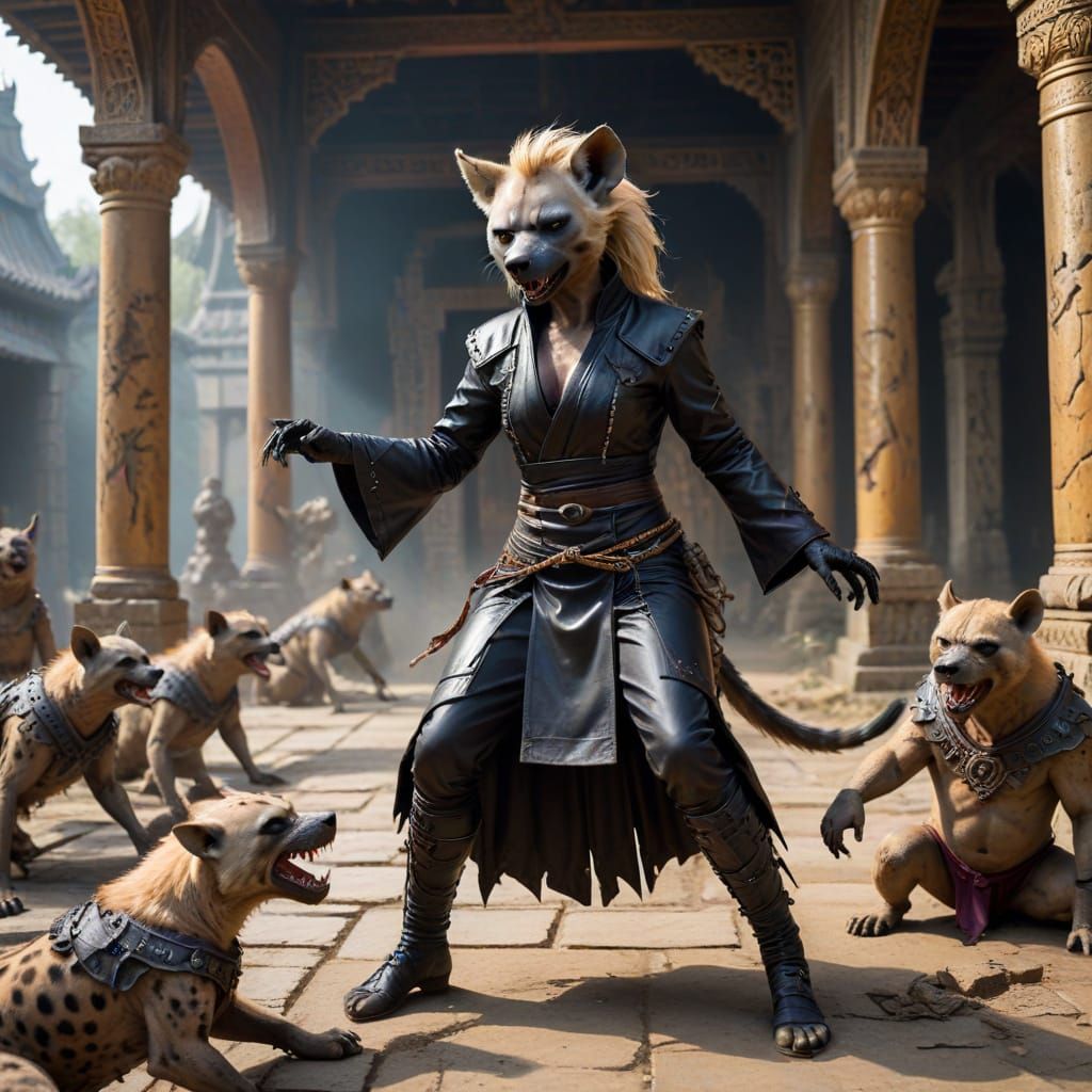 A female anthropomorphic hyena, blonde, wearing a black leather suit, fighting weird ghoulish robed monk creatures in a ...