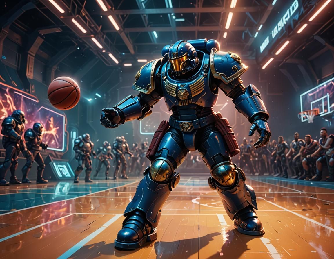 Space Marine Plays Basketball in Futuristic Sci-Fi Art