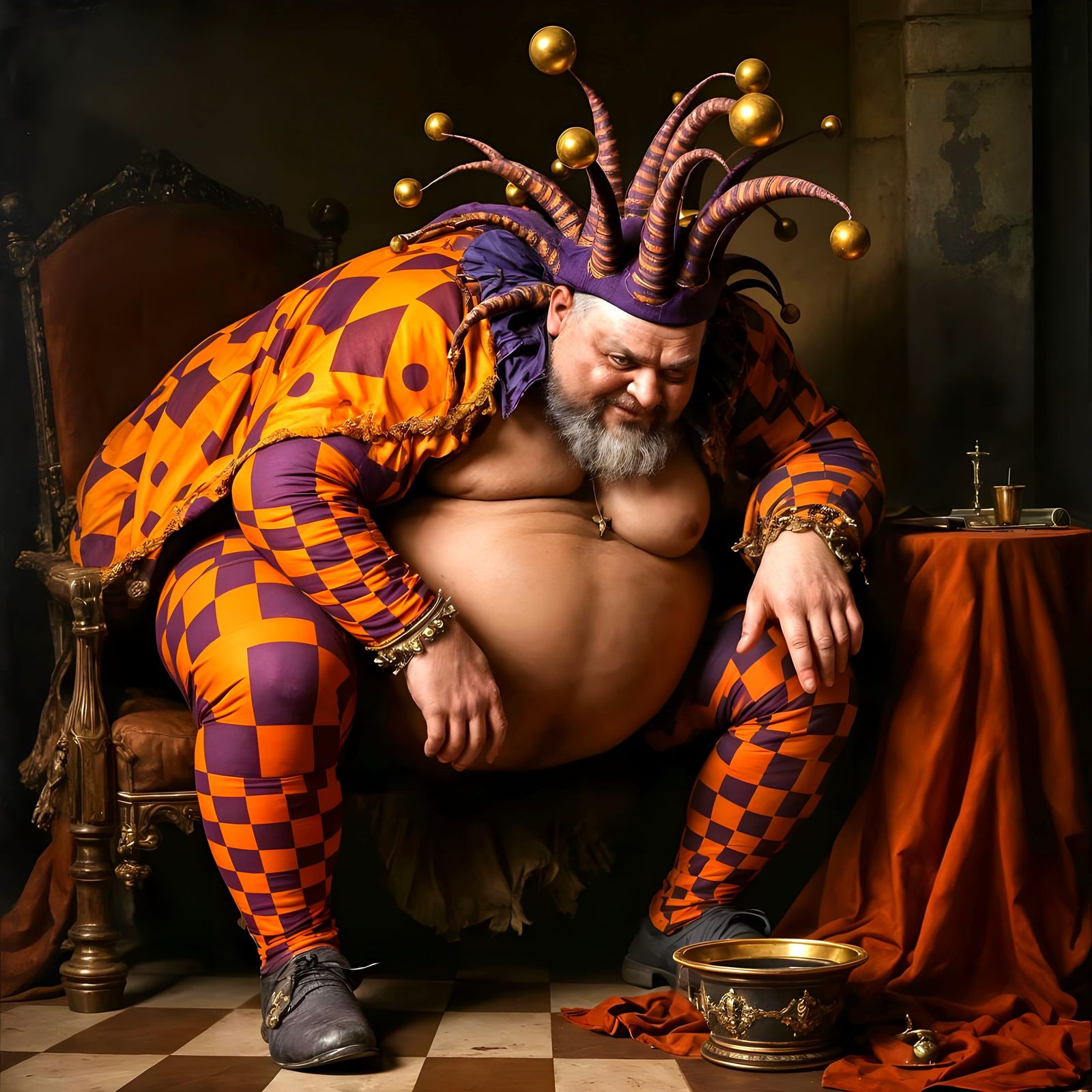 Obese Jester Bowing: Oil Painting in 17th Century Style